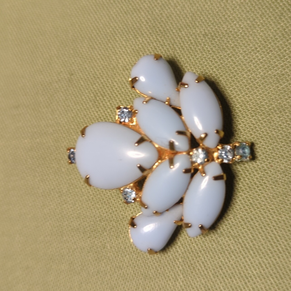 Antique Milk Glass Rhinestone Estate Brooch